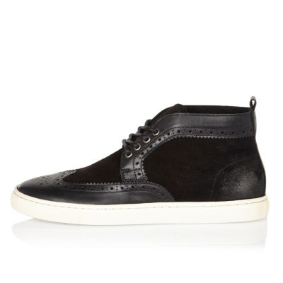 Black leather and suede brogue hi-tops